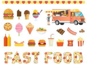 Fast food vector illustration collection with food truck