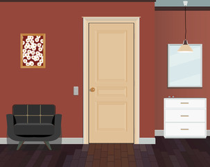 Illustration of a room with doors, a chair, commode. Interior of the room with furniture.