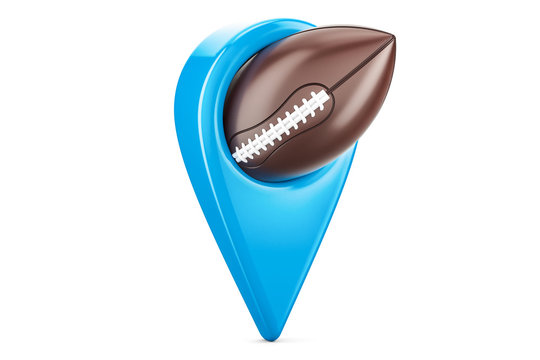 Map pointer with american football ball, location concept. 3D rendering