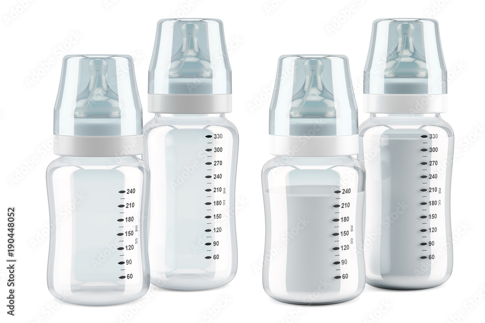 Poster set of empty and full baby botlles, 3d rendering