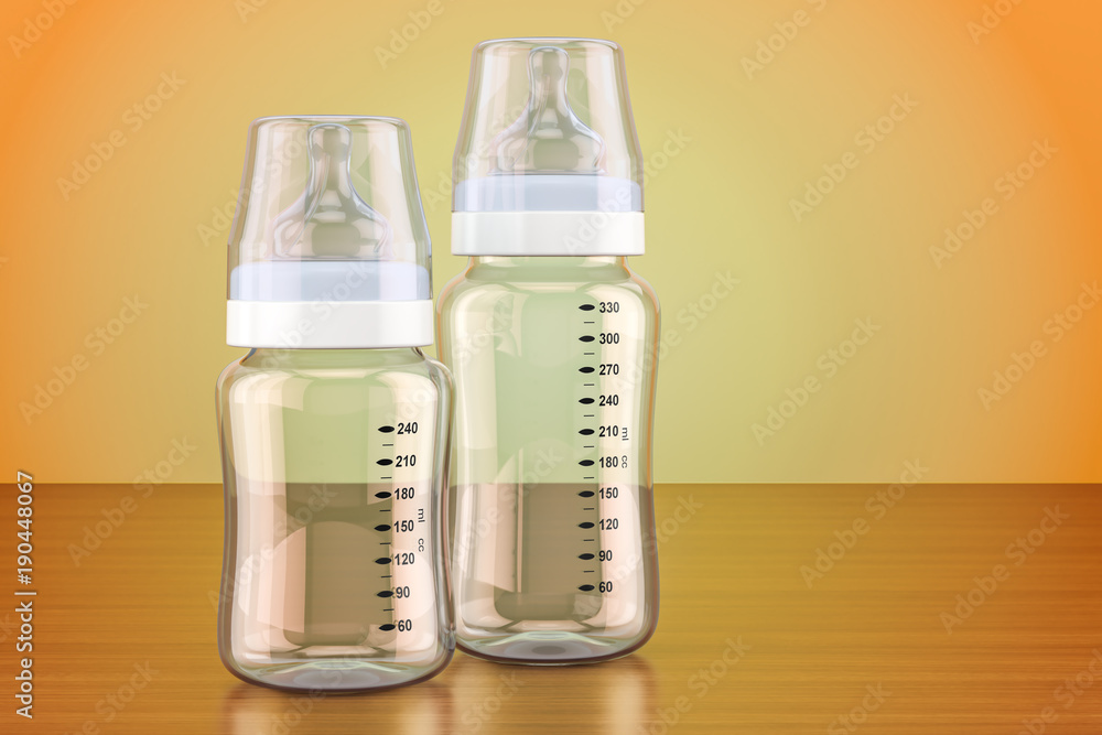 Poster set of empty baby botlles on the wooden table, 3d rendering