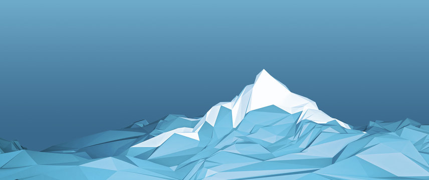 Winter polygonal image of a mountainous area with a glacier on top of a mountain. 3d illustration