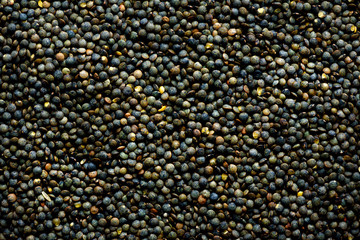 Raw organic marbled green lentils texture. Food ingredient background. Top view