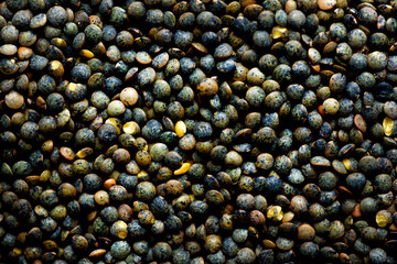 Raw organic marbled green lentils texture. Food ingredient background. Top view