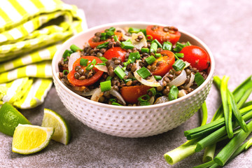 Indian lentil salad with veggies. Healthy food, vegetarian and vegan