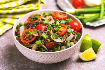 Indian lentil salad with veggies. Healthy food, vegetarian and vegan