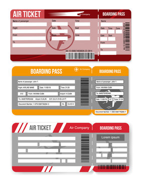 Set Air tickets. Boarding pass tickets template isolated on white background. Vector illustration