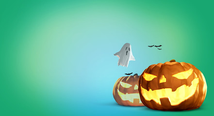 Halloween pumpkins ghosts and bats 3d rendering