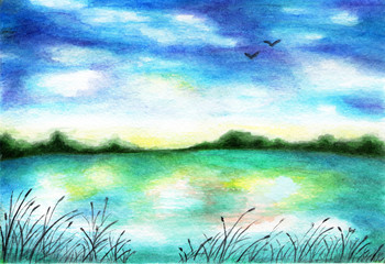Lake with reeds on the shore. Watercolor illustration