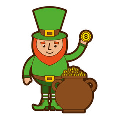 cartoon leprechaun holding gold coin and pot money st patricks vector illustration