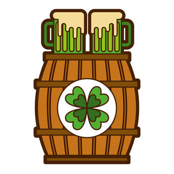 wooden barrel with two green beer and clover vector illustration
