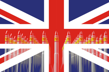 United Kingdom flag with atomic rockets in the background. 3d illustration