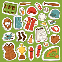 Vector cartoon baseball game player clothes uniform ball, glove and object baseball icons game team symbol softball play sport game design sport equipment illustration