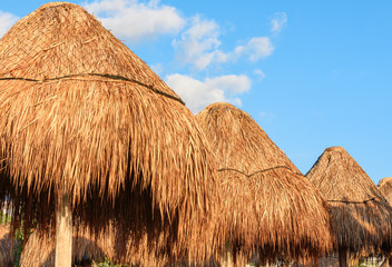 Range of straw umbrellas / bamboo parasols against blue sky. Closeup. Riviera Maya, Mexico.