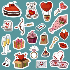 Vector illustration of a big collection of stickers for the holiday of Saint Valentine. Festive image to the day of all lovers