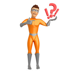 3d character in a superhero costume on a white background, holding question marks on his hand. 3d illustration