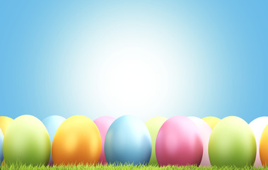 Fototapeta na wymiar colorful festive Easter eggs hidden in green grass meadow blades of grass