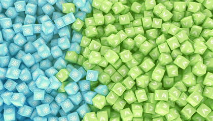 The texture of scattered cubes of different colors with icons representing different seasons. 3d illustration