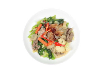 Isolated of Fried big noodle with chicken and vegetables.