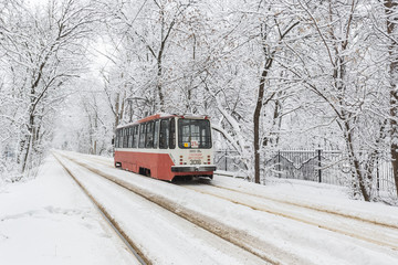 January 31, 2018. Moscow, Russia. Tram on the snow-covered street