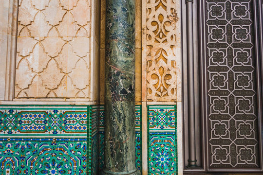 view of architectural shapes and patterns of Hassan II mosque - Casablanca - Morocco