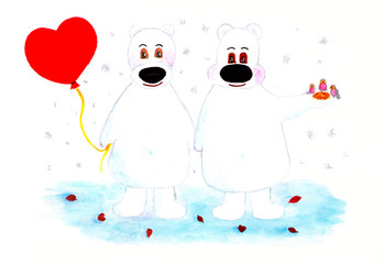 Two polar bears and balloon heart. Valentine Day.