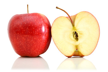 Red apple with half isolated on white background