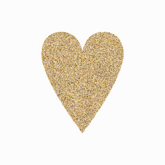 Golden hand drawn heart on white background. Heart from gold sparkles. Used for wedding card, valentine, save the date.