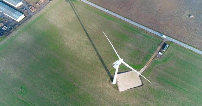 Aerial drone view on Wind Power, Turbine, Windmill, Energy Production. Green technology, a clean and renewable energy solution
