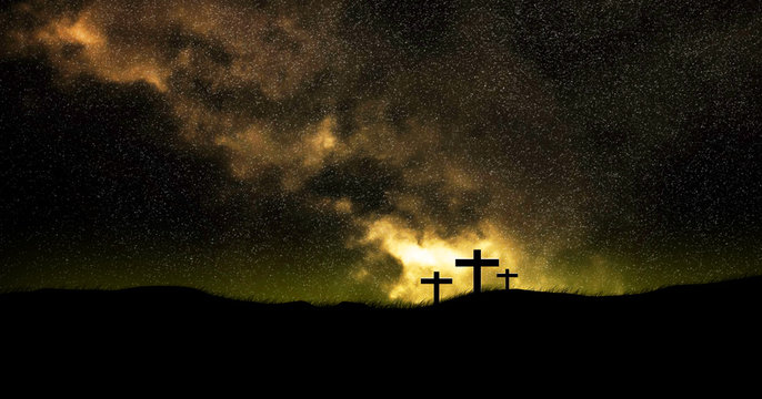 galaxy on three christian crosses.