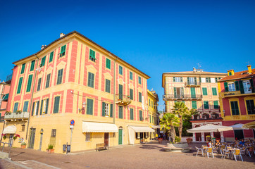 Narrow streets and traditional buildings of Celle Ligure, Liguria, Italy