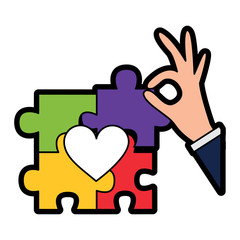 puzzle pieces heart love with hand  icon image vector illustration design 
