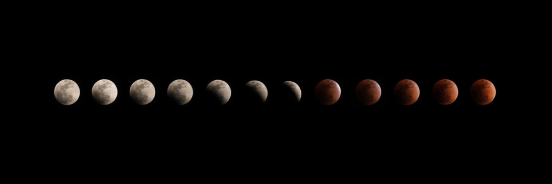 different phases of total lunar eclipse on dark sky