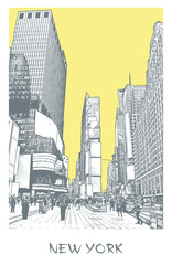 New York City, Times Square. Vector illustration of a street in downtown in engraving style. Monochrome drawing of cityscape of famous place.