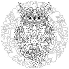  Coloring page with cute owl and floral frame.