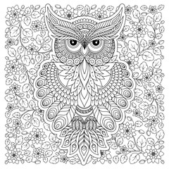  Coloring page with cute owl and floral frame.