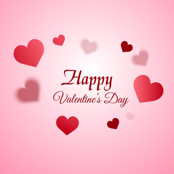Valentine's day greeting card with blurred  hearts on pink background. Vector