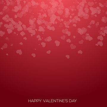 Valentine's day greeting card with falling red hearts on red. Vector