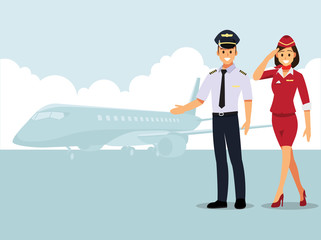 Welcome to travel by plane. Pilot, capitan  , flying attendants  ,air hostess  , Vector illustration cartoon character