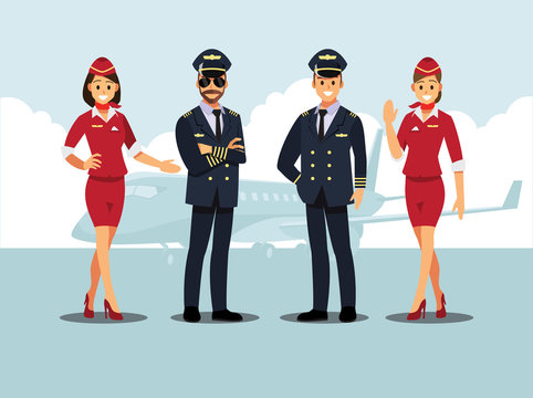 Welcome to travel by plane. Pilot, capitan  , flying attendants  ,air hostess  , Vector illustration cartoon character