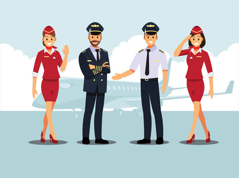Welcome to travel by plane. Pilot, capitan  , flying attendants  ,air hostess  , Vector illustration cartoon character