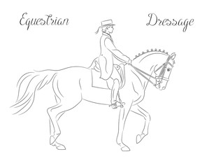 Dressage horse with rider performing piaffe, equestrian sport.  Black and white vector image, side view picture. Female rider performing dressage movements. 