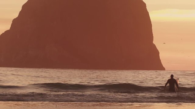 Handheld shot of man with surfboard walking in sea against sky during sunset