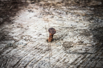 Rusty nail in old wooden board