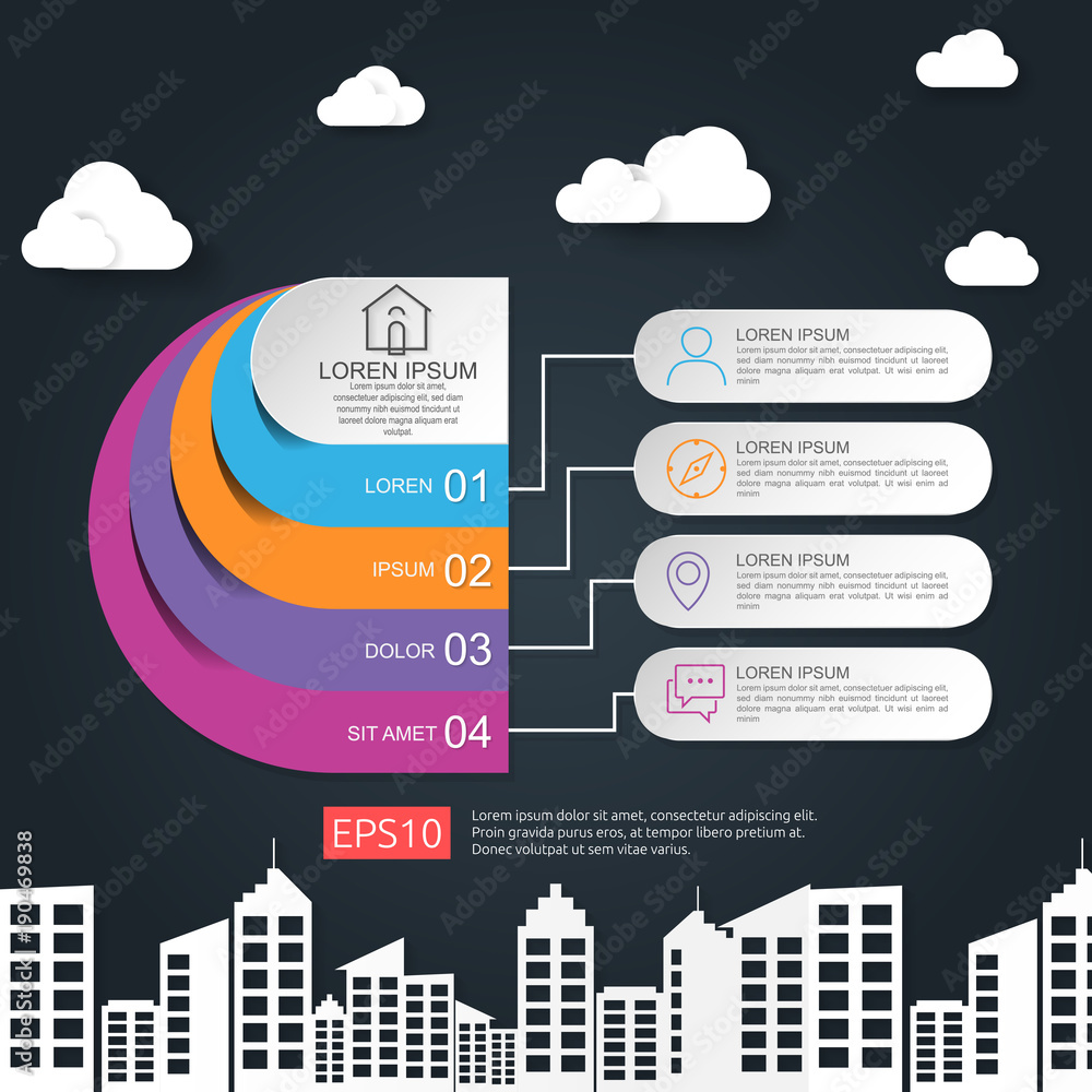 Aufkleber abstract half circle for business concept infographic with cloud and building background. template f