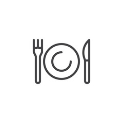 Plate, knife and fork line icon, outline vector sign, linear style pictogram isolated on white. Tableware cutlery symbol, logo illustration. Editable stroke