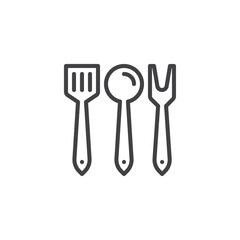 Kitchen cutlery line icon, outline vector sign, linear style pictogram isolated on white. Culinary spatula ladle and fork symbol, logo illustration. Editable stroke