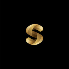 Initial lowercase letter s, swirl curve rounded logo, elegant golden color on black background