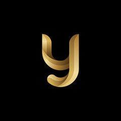 Initial lowercase letter y, swirl curve rounded logo, elegant golden color on black background