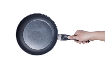 Top view empty black iron pan with hand holds isolated on white background. File contains a clipping path.